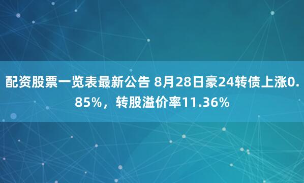 配资股票一览表最新公告 8月28日豪24转债上涨0.85%，转股溢价率11.36%